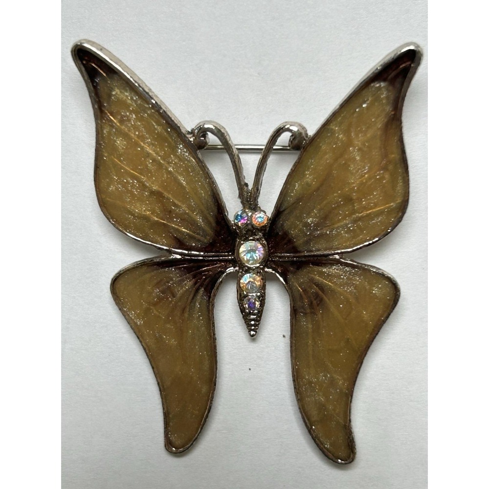 Vintage Enamel And Iridescent Rhinestone Butterfly Brooch
